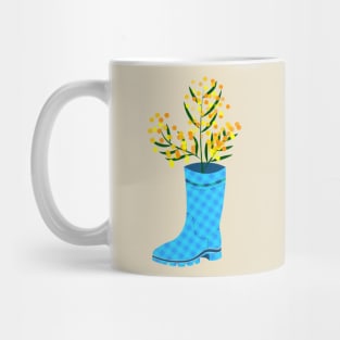 Rubber boots Wellies blue checkered Wellington boots and mimosa flower Mug